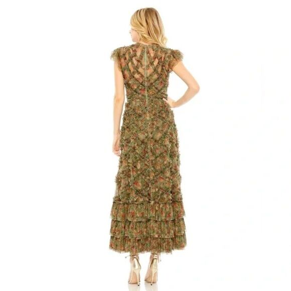 Mac Duggal 8009 Womens Size 16 Green High Neck‎ Ruffle Cap Sleeve Floral Dress - Picture 4 of 5